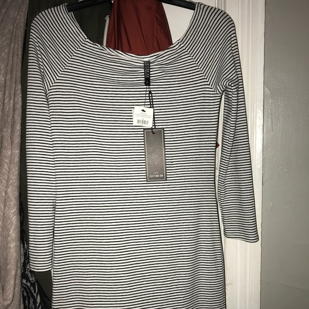 Off the shoulder, black & white stripped dress